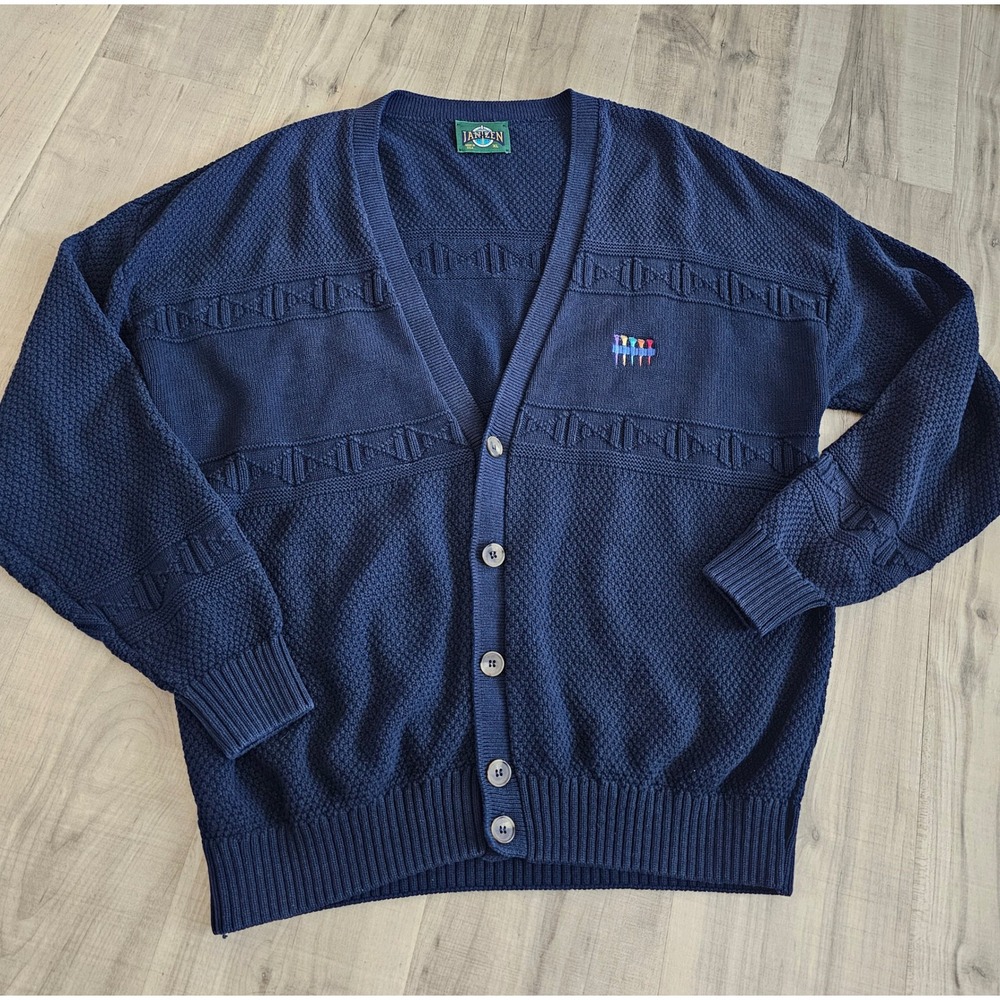 Vintage Jantzen Mens XL Navy Blue Golf Tee Knit Cardigan Sweater Made in USA 90s